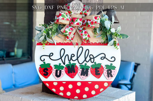 Hello Summer SVG, Strawberry Door Hanger Laser Cut File, 3D Layered Summer Sign, Seasonal Porch Decor, Glowforge, Xtool, Omtech