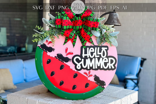 Hello Summer Watermelon SVG Laser Cut File | Summer Door Hanger SVG | 3D Layered Laser File | Glowforge Xtool Omtech Cut File Round Sign svg