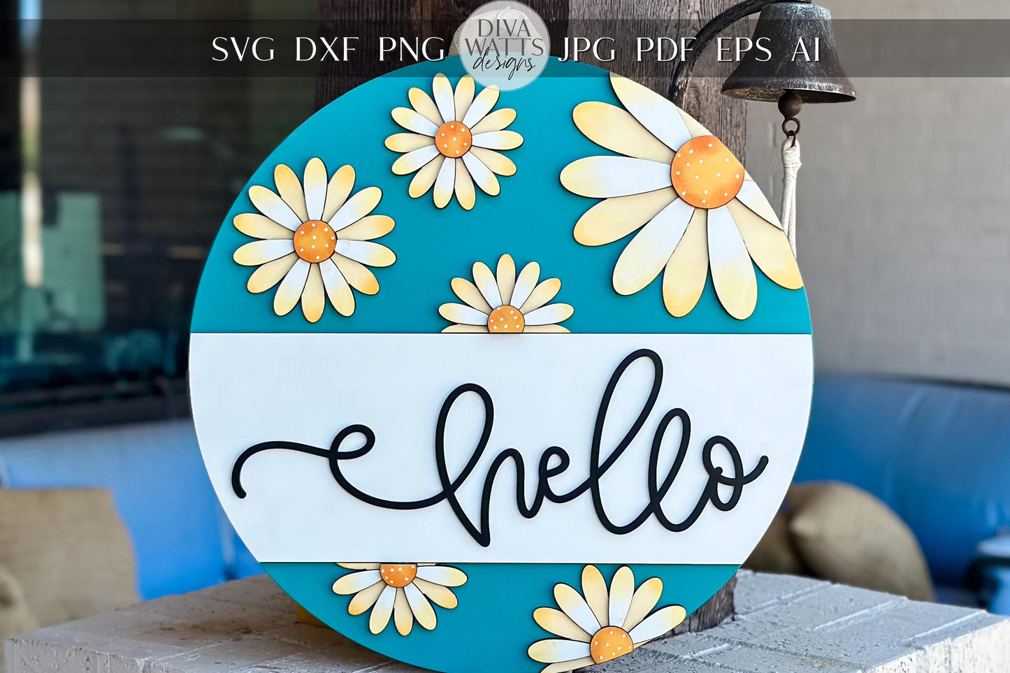 Hello Daisy Door Hanger SVG Laser Cut File | 3D Layered Floral Sign | Spring Porch Decor | Glowforge Xtool Laser File Flower Door Hanger