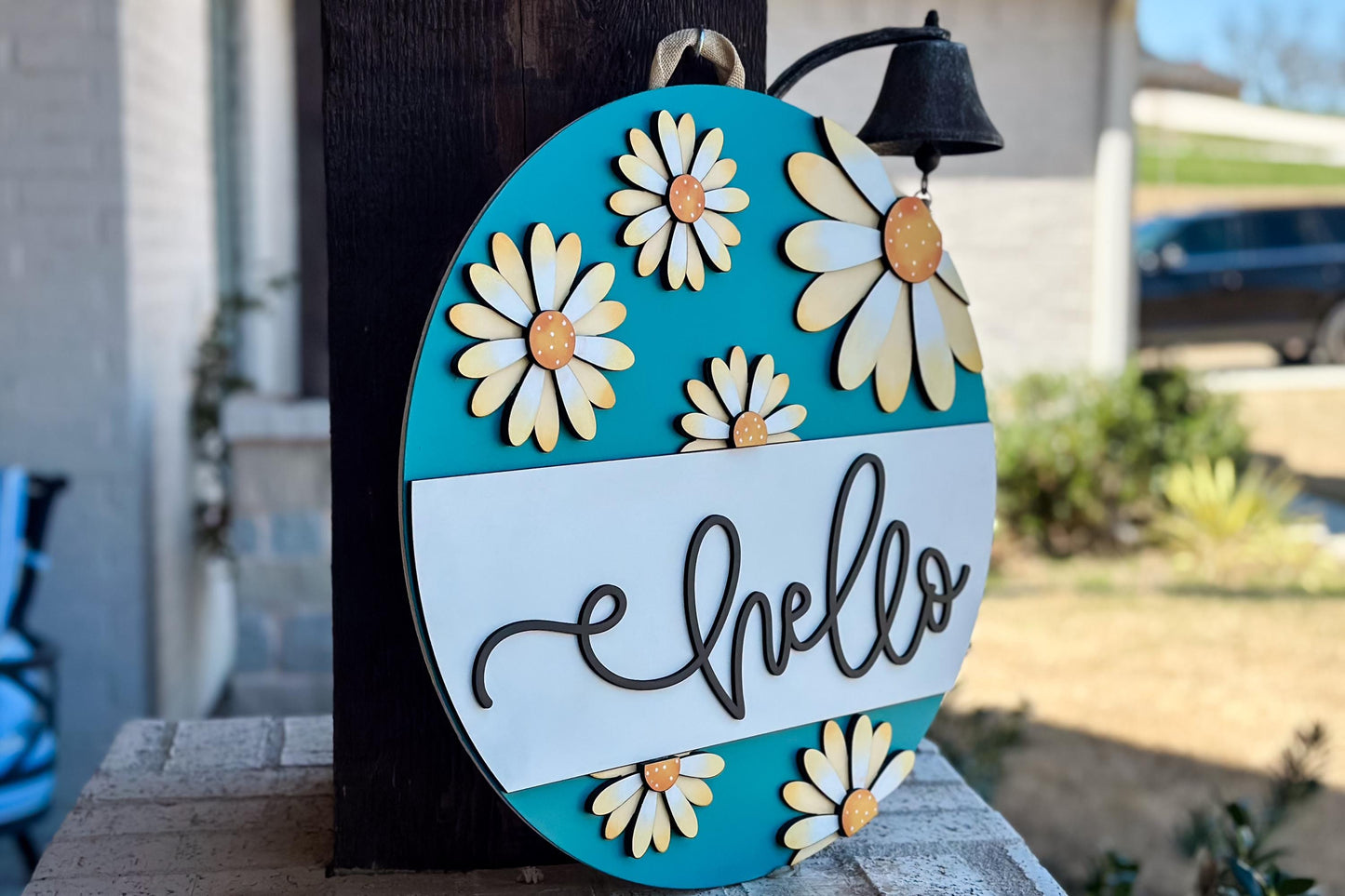 Hello Daisy Door Hanger SVG Laser Cut File | 3D Layered Floral Sign | Spring Porch Decor | Glowforge Xtool Laser File Flower Door Hanger