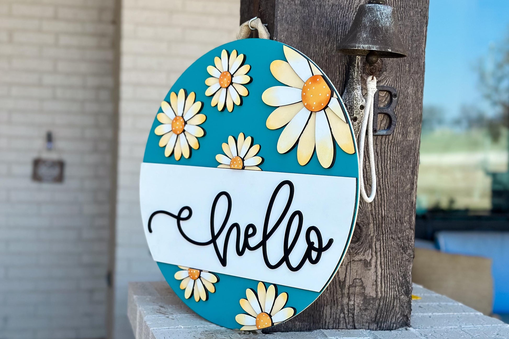 Hello Daisy Door Hanger SVG Laser Cut File | 3D Layered Floral Sign | Spring Porch Decor | Glowforge Xtool Laser File Flower Door Hanger