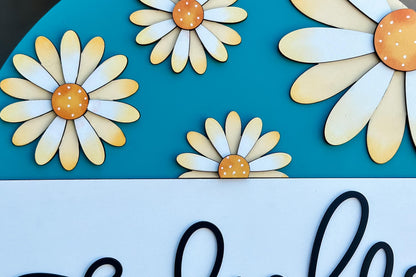 Hello Daisy Door Hanger SVG Laser Cut File | 3D Layered Floral Sign | Spring Porch Decor | Glowforge Xtool Laser File Flower Door Hanger
