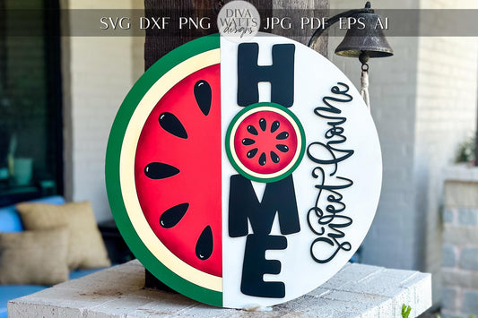 Laser Cut Door Hanger SVG | Watermelon HOME Sweet Home Sign svg File | DIY Round Wood Sign Template | Glowforge xTool Compatible File