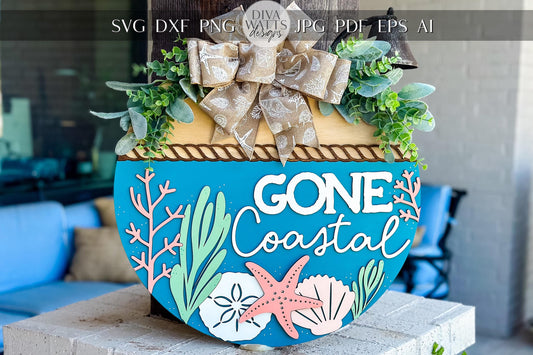 Gone Coastal SVG File | Beach Door Hanger SVG | DIY Coastal Round Sign Template | Laser Cut File Glowforge xTool Compatible Summer Decor