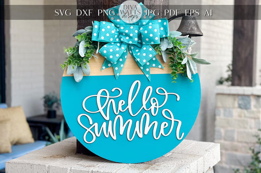 Hello Summer SVG Laser Cut File | Summer Door Hanger Sign SVG | Round Porch Sign for Laser | Summer Welcome Sign Laser File