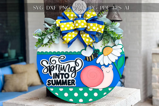 Spring Into Summer SVG Laser File | Seasonal Door Hanger Sign SVG | Round Porch Sign for Laser Cutting | Cute Spring Summer SVG