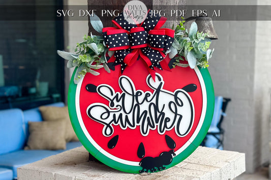 Sweet Summer Watermelon Sign SVG Laser File | Watermelon Door Hanger SVG, Summer Porch Sign Cut File, Ant Picnic Round Sign Design
