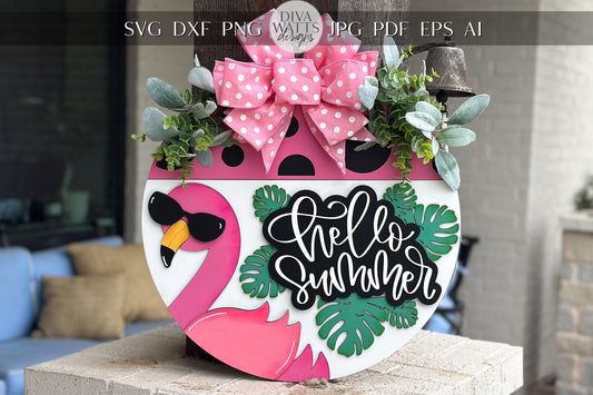 Hello Summer Flamingo Door Hanger | Tropical Round Sign for Laser Cutters | Summer Décor SVG Design 3D Round Door Sign Tropical Door Hanger
