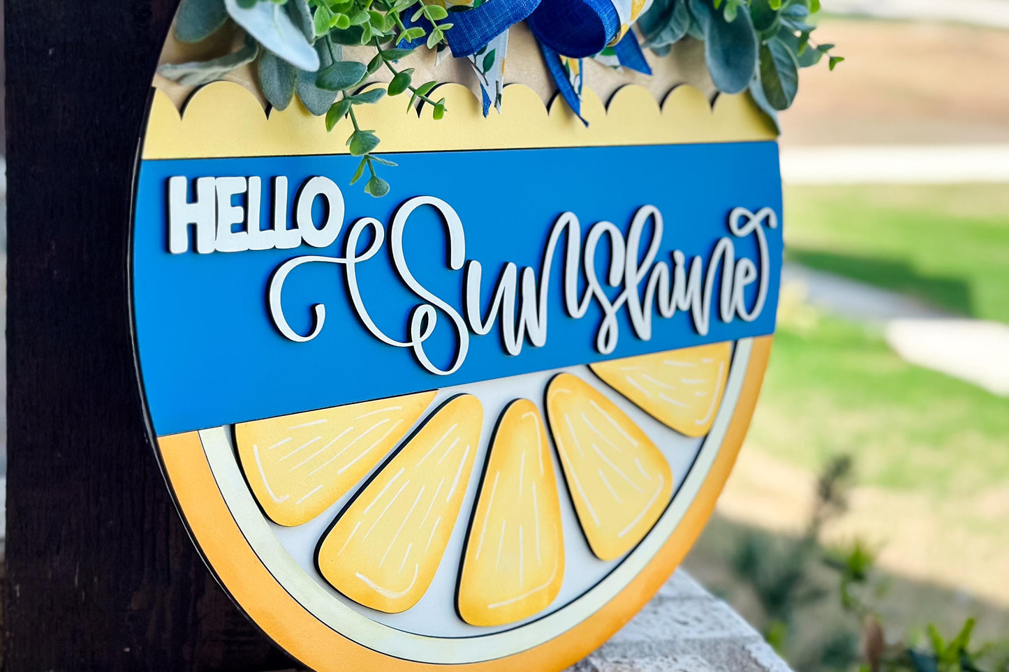 Hello Sunshine SVG Laser File | Lemon Slice Round Door Hanger SVG for Summer Decor | Bright Citrus Layered Laser Cut Sign Lemon Door Decor