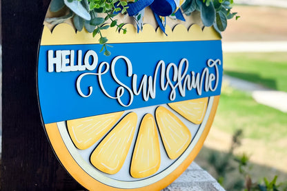 Hello Sunshine SVG Laser File | Lemon Slice Round Door Hanger SVG for Summer Decor | Bright Citrus Layered Laser Cut Sign Lemon Door Decor
