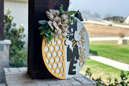 Bee Home Sweet Home SVG Laser File | Honeycomb Round Door Hanger SVG for Laser Cutting | Bumblebee Farmhouse Sign Summer Decor