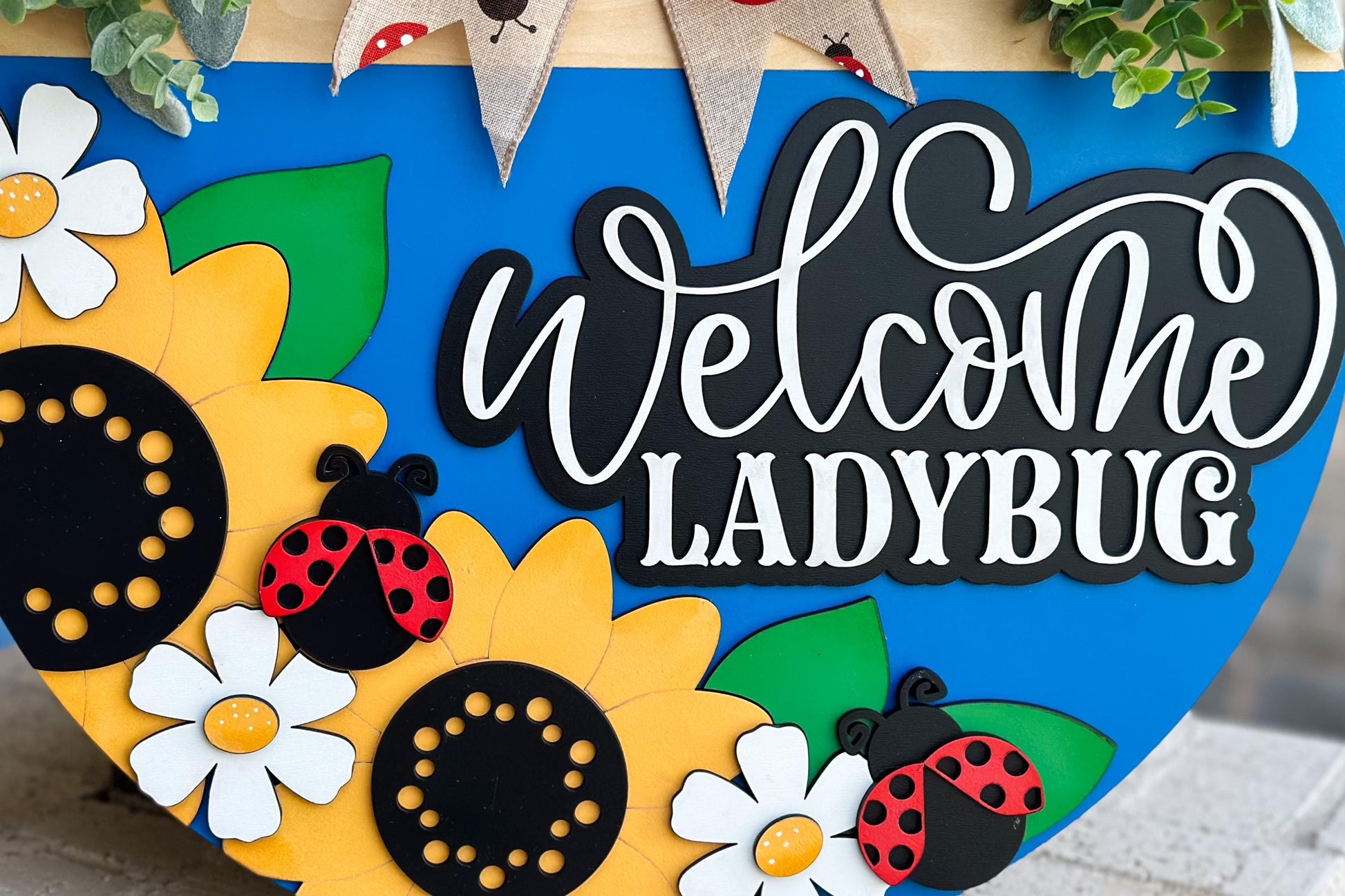 Welcome Ladybug SVG Laser File | Sunflower & Daisy Round Door Hanger SVG for Summer Laser Projects | Cute Bug Porch Sign
