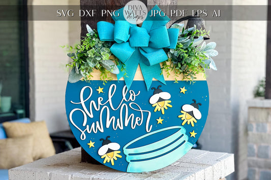 Hello Summer SVG Laser File | Fireflies in Jar Round Door Hanger SVG for Laser Cutting | Layered Summer Porch Sign File for Xtool Glowforge