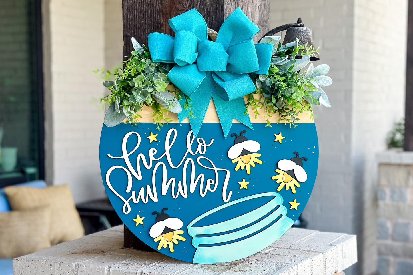 Hello Summer SVG Laser File | Fireflies in Jar Round Door Hanger SVG for Laser Cutting | Layered Summer Porch Sign File for Xtool Glowforge