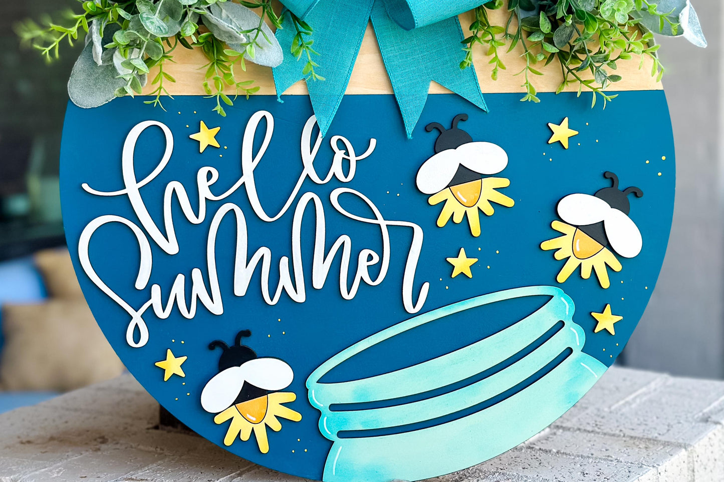 Hello Summer SVG Laser File | Fireflies in Jar Round Door Hanger SVG for Laser Cutting | Layered Summer Porch Sign File for Xtool Glowforge