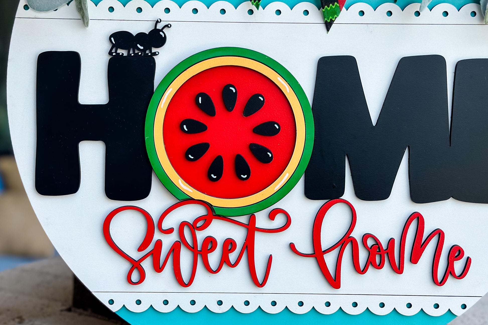 Watermelon Home Sweet Home SVG Laser File | Summer Round Door Hanger SVG with Ant for Laser Cutting | Farmhouse Porch Sign SVG