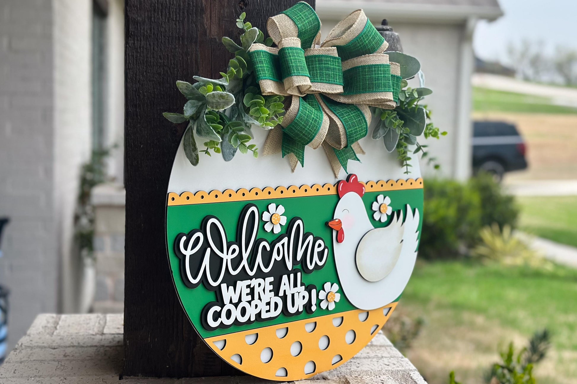 Welcome We're All Cooped Up SVG | Funny Chicken Door Hanger Laser Cut File | Farmhouse Layered Round Sign for Glowforge & Xtool