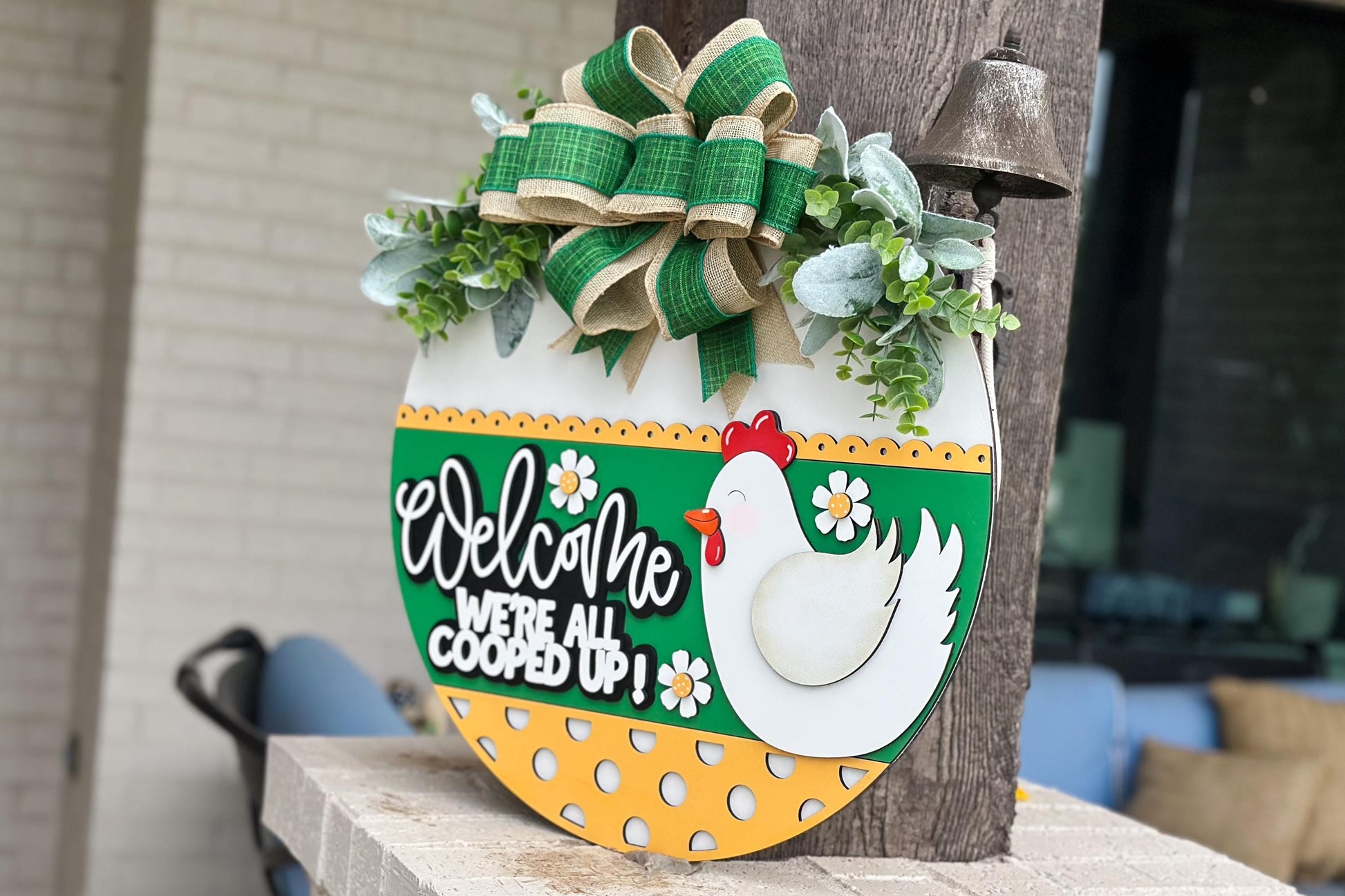 Welcome We're All Cooped Up SVG | Funny Chicken Door Hanger Laser Cut File | Farmhouse Layered Round Sign for Glowforge & Xtool