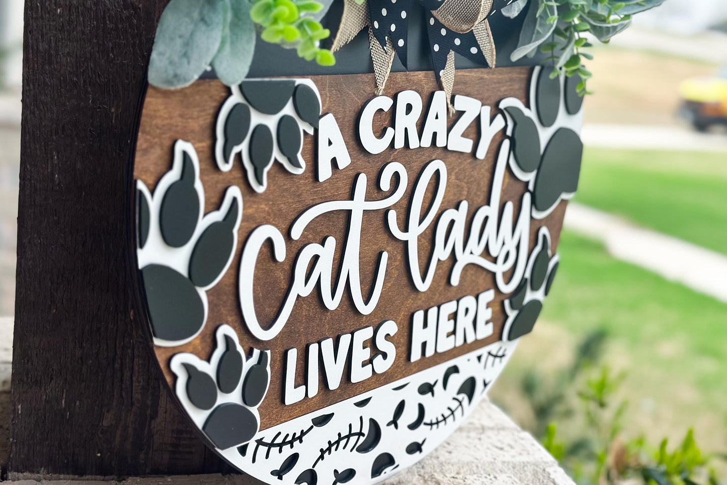 Crazy Cat Lady Lives Here SVG | Funny Pet Door Hanger Laser File | Cat Paw Round Sign for Glowforge & Xtool Funny Cat Door Hanger for Laser