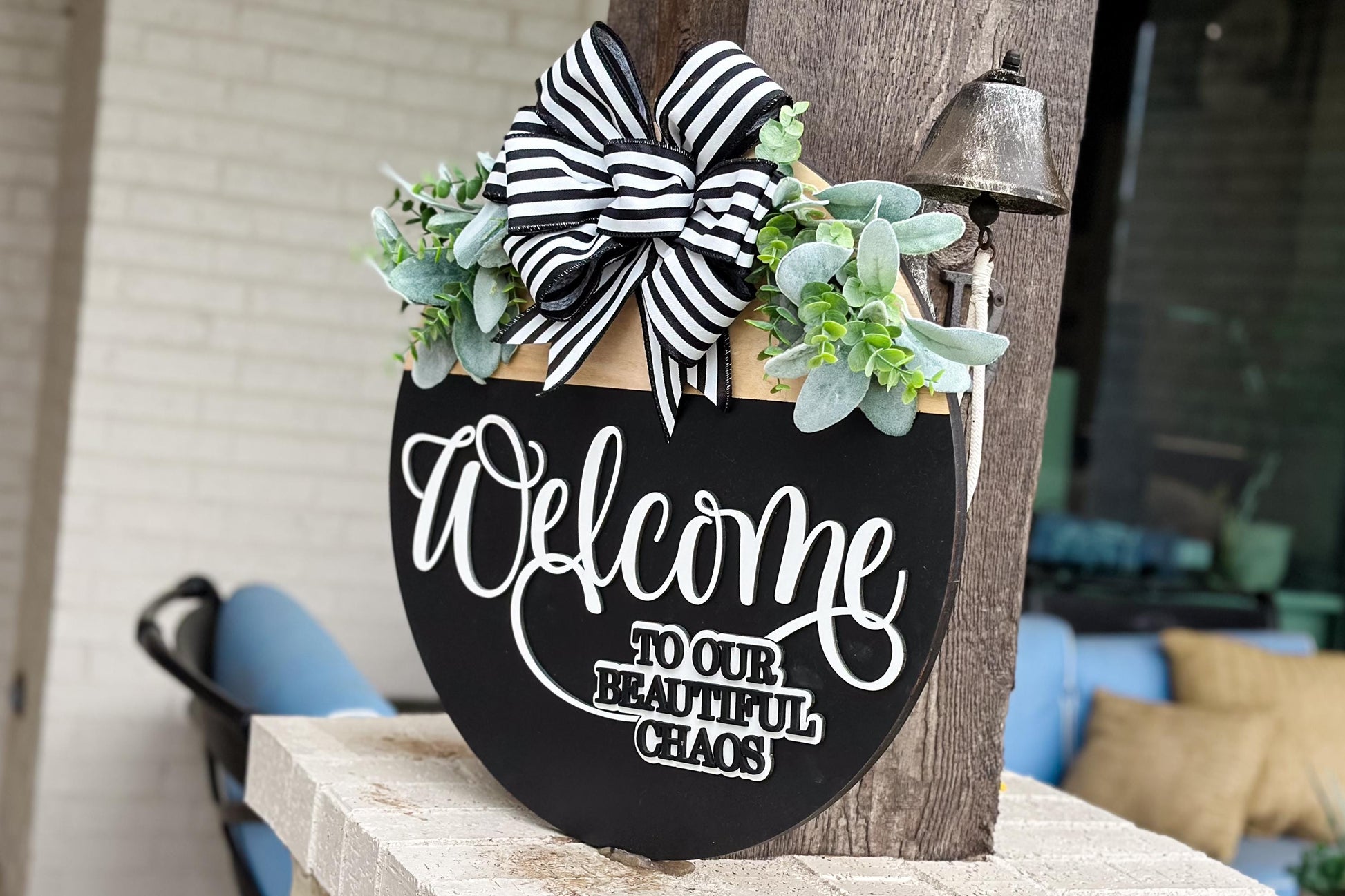 Welcome to Our Beautiful Chaos SVG | Layered Laser Cut File for Round Door Hanger | 3D Welcome Sign SVG for Glowforge & Xtool