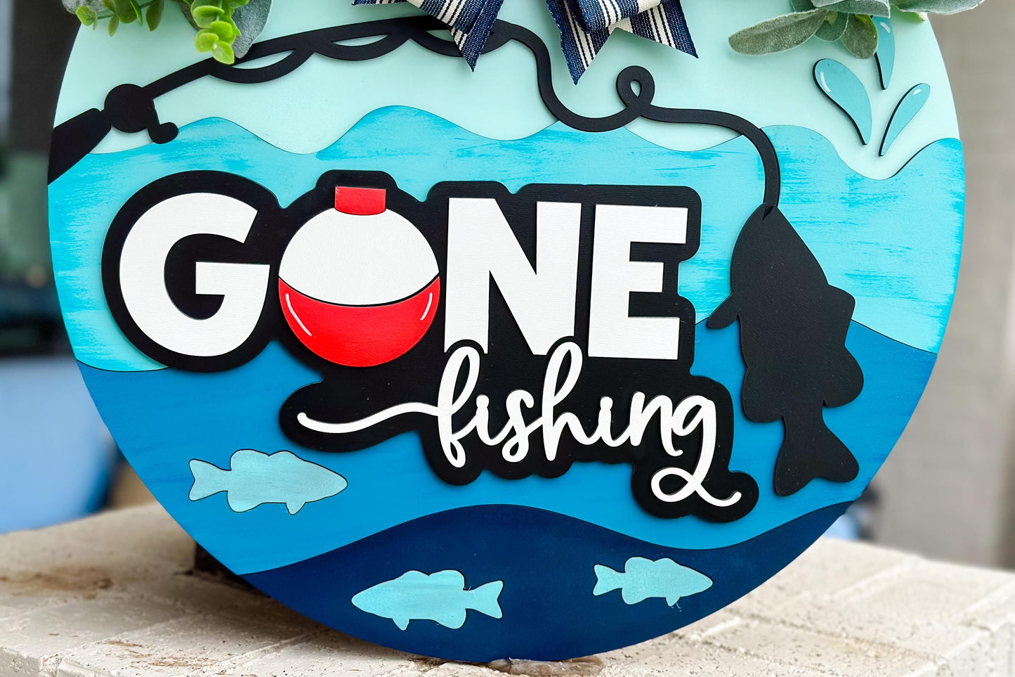 Gone Fishing SVG | Layered Laser Cut File for Round Door Hanger | Fishing Door Sign SVG for Xtool & Glowforge Projects Fishing Decor