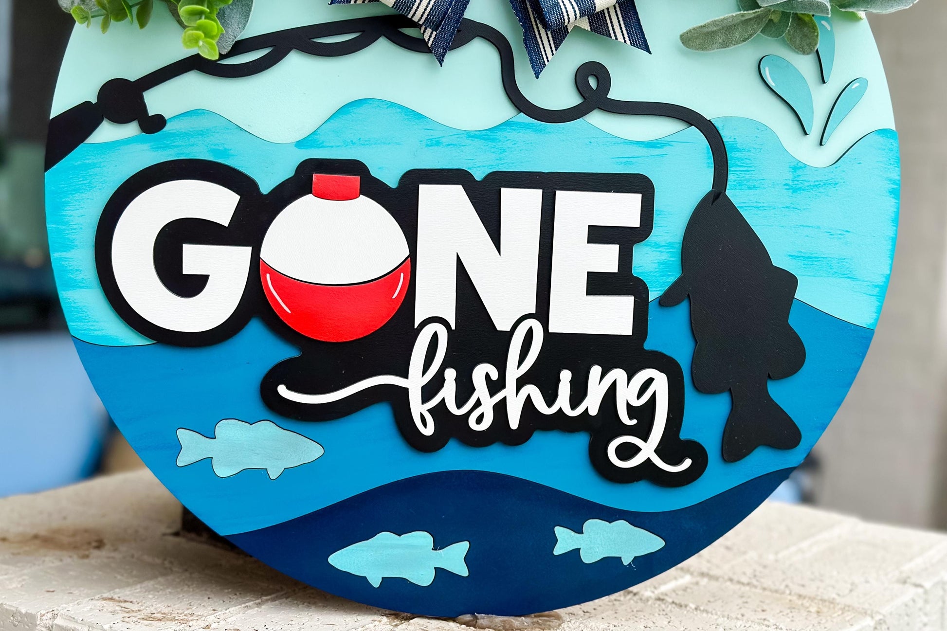 Gone Fishing SVG | Layered Laser Cut File for Round Door Hanger | Fishing Door Sign SVG for Xtool & Glowforge Projects Fishing Decor