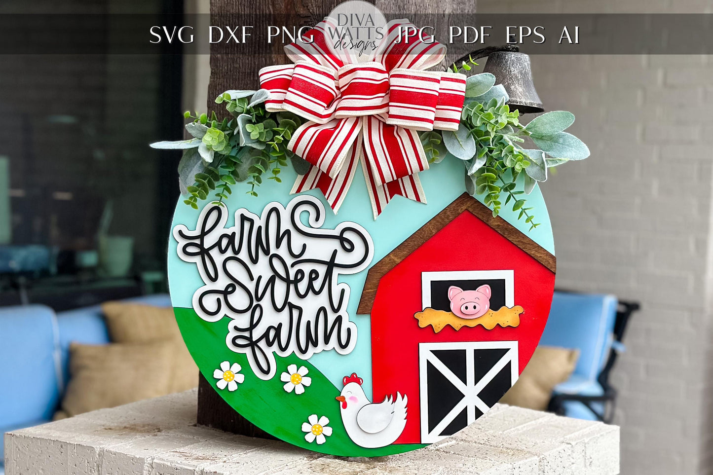 Farm Sweet Farm SVG | Layered Laser Cut File for Round Door Hanger | Barn Door Sign SVG for Glowforge & Xtool Cute Barn SVG For Laser