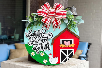 Farm Sweet Farm SVG | Layered Laser Cut File for Round Door Hanger | Barn Door Sign SVG for Glowforge & Xtool Cute Barn SVG For Laser