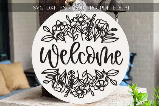 Welcome Floral Door Hanger SVG | Round Wood Sign Laser Cut File | Botanical SVG Template | Glowforge xTool DIY Porch Decor Sign