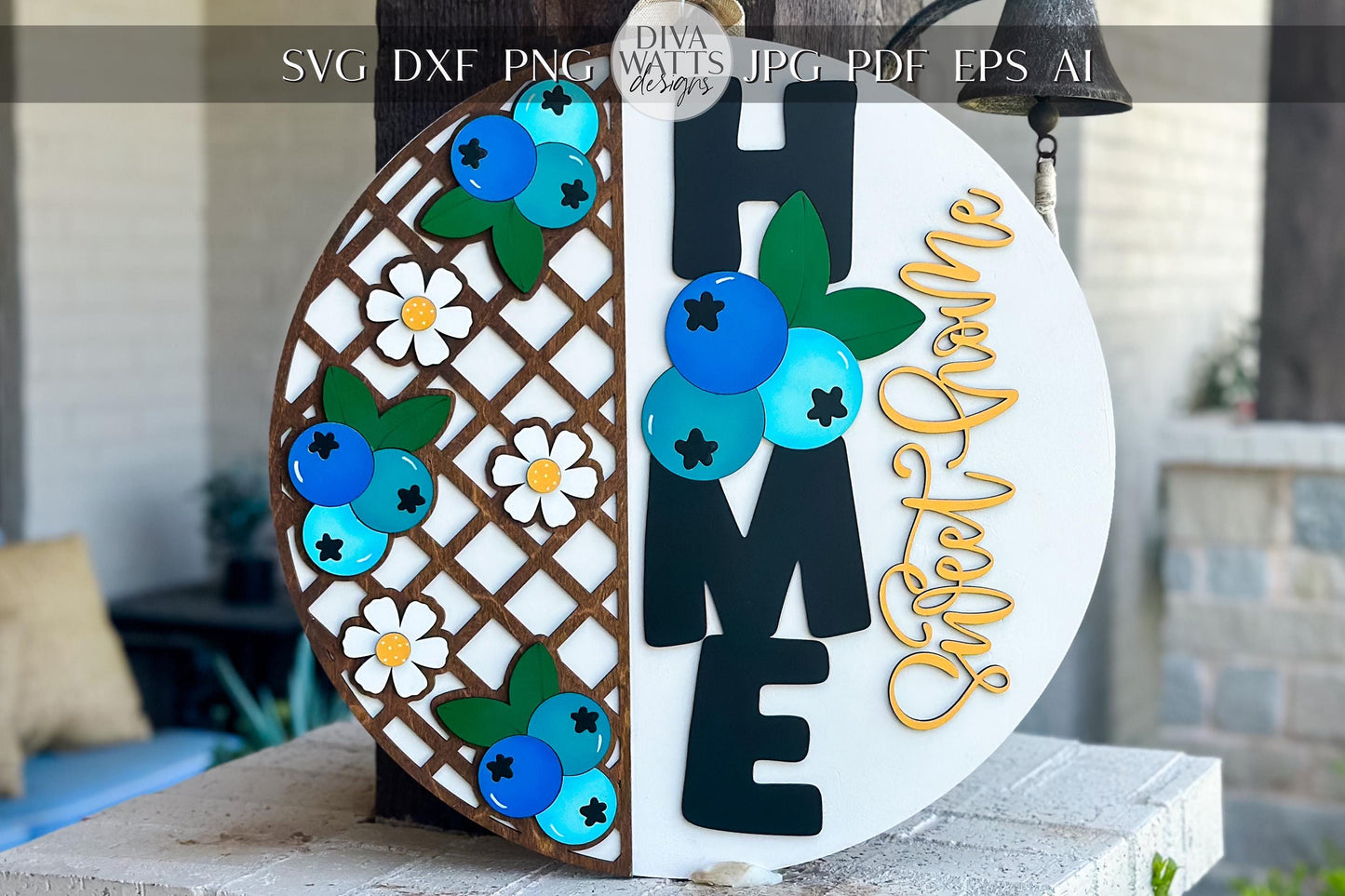 Laser Cut Door Hanger SVG | Home Sweet Home Blueberry Sign | Round Wood Sign Template | DIY Digital File | Glowforge xTool Compatible