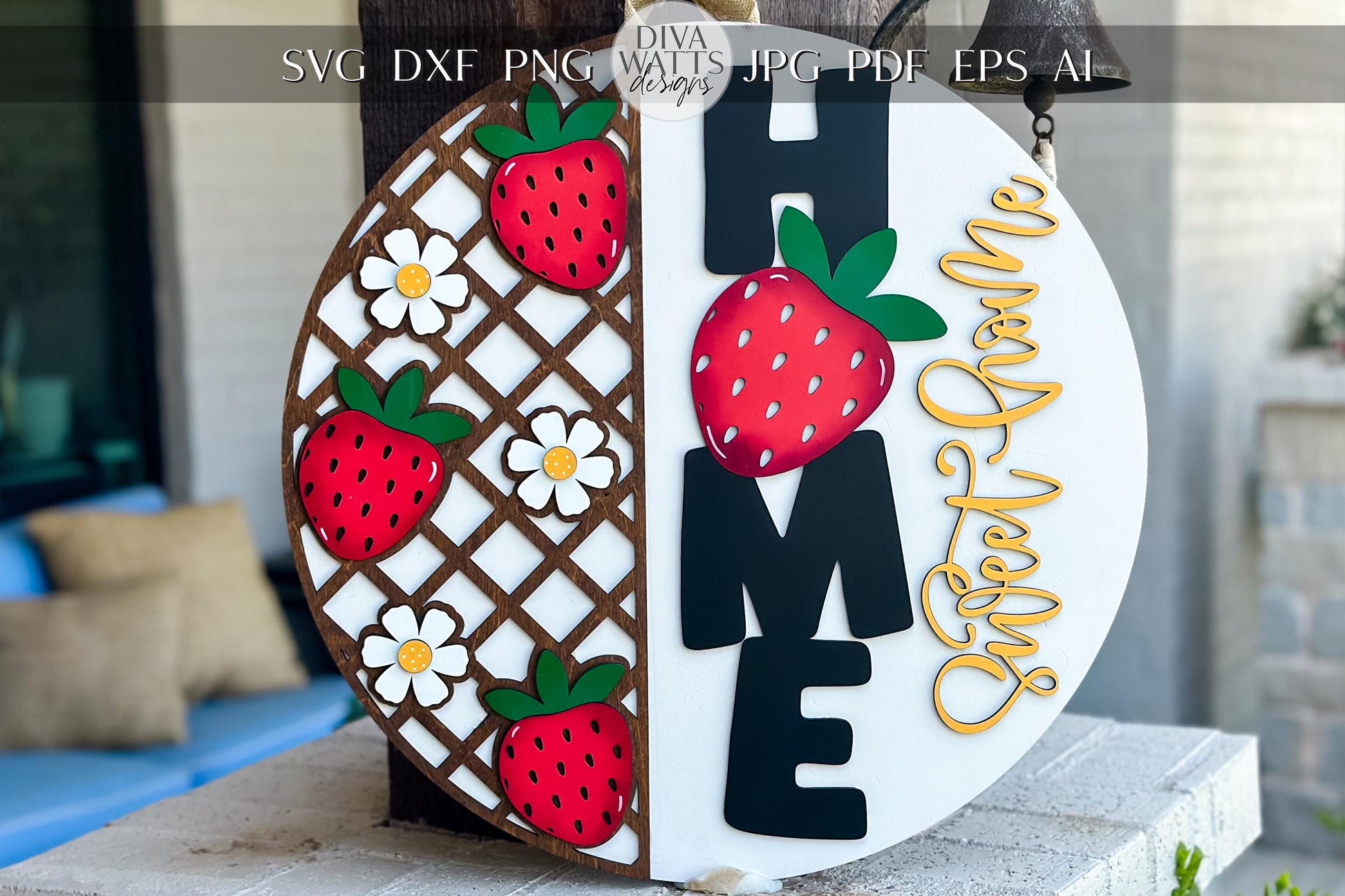 Laser Cut Door Hanger SVG | Strawberry HOME Sign svg File | DIY Round Wood Sign Template | Glowforge xTool Compatible Cut File