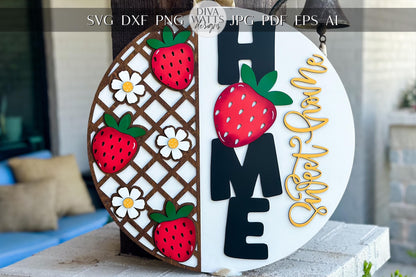 Laser Cut Door Hanger SVG | Strawberry HOME Sign svg File | DIY Round Wood Sign Template | Glowforge xTool Compatible Cut File