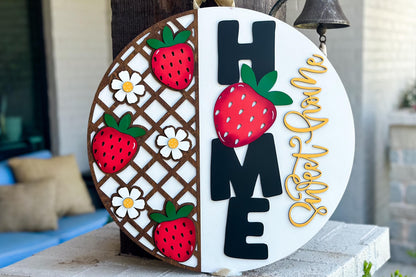 Laser Cut Door Hanger SVG | Strawberry HOME Sign svg File | DIY Round Wood Sign Template | Glowforge xTool Compatible Cut File