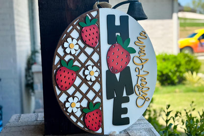 Laser Cut Door Hanger SVG | Strawberry HOME Sign svg File | DIY Round Wood Sign Template | Glowforge xTool Compatible Cut File