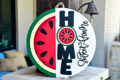 Laser Cut Door Hanger SVG | Watermelon HOME Sweet Home Sign svg File | DIY Round Wood Sign Template | Glowforge xTool Compatible File