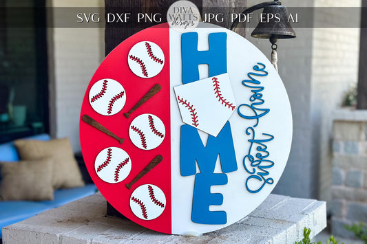 Laser Cut Door Hanger SVG | Baseball HOME Sweet Home Sign svg File | DIY Round Wood Sign Template | Glowforge xTool Laser Cut File