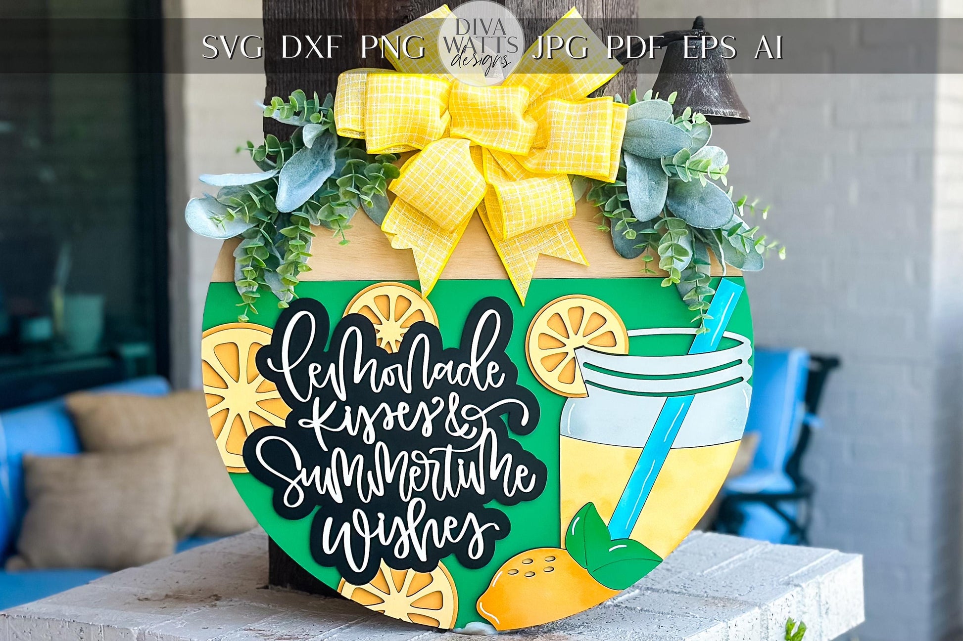 Lemonade SVG Door Hanger | Summertime Wishes Round Sign SVG File | DIY Laser Cut Wood Sign | Glowforge xTool Compatible Summer svg