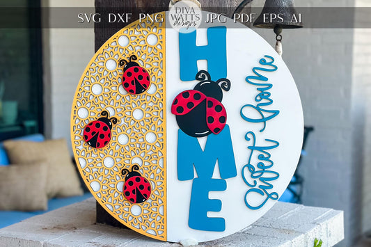 Ladybug Door Hanger SVG | HOME Sweet Home Round Sign svg File | DIY Laser Cut Wood Template | Glowforge xTool Compatible Spring Decor
