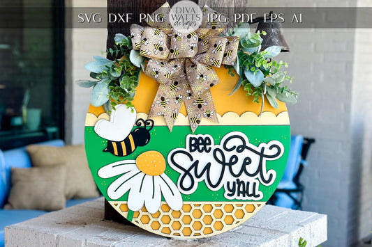 Bee Home Sweet Home SVG Laser File | Honeycomb Round Door Hanger SVG for Laser Cutting | Bumblebee Farmhouse Sign Summer Decor