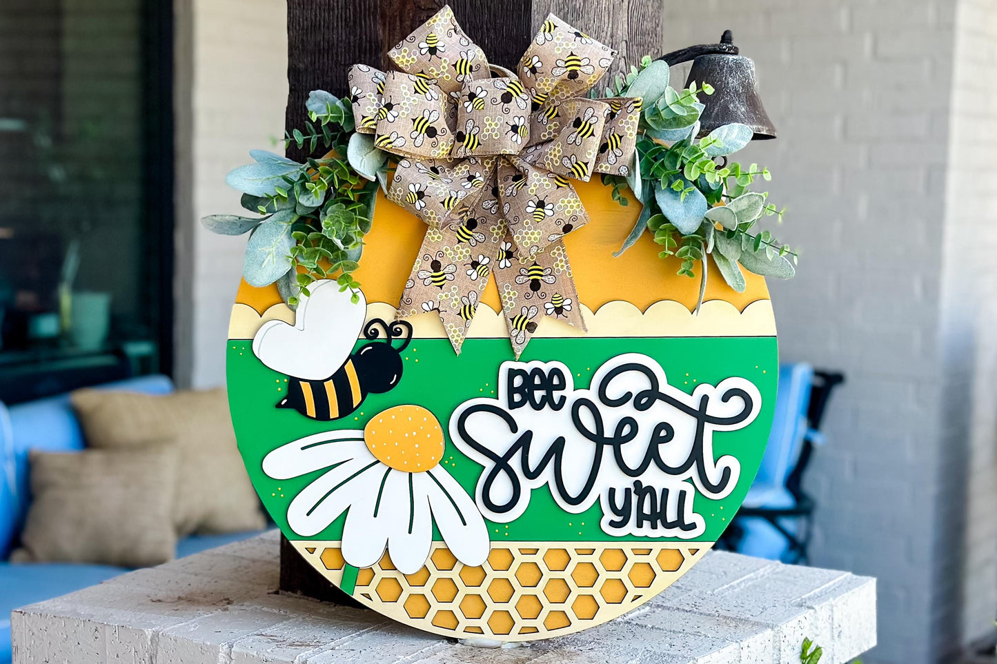 Bee Home Sweet Home SVG Laser File | Honeycomb Round Door Hanger SVG for Laser Cutting | Bumblebee Farmhouse Sign Summer Decor
