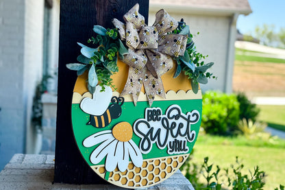 Bee Home Sweet Home SVG Laser File | Honeycomb Round Door Hanger SVG for Laser Cutting | Bumblebee Farmhouse Sign Summer Decor