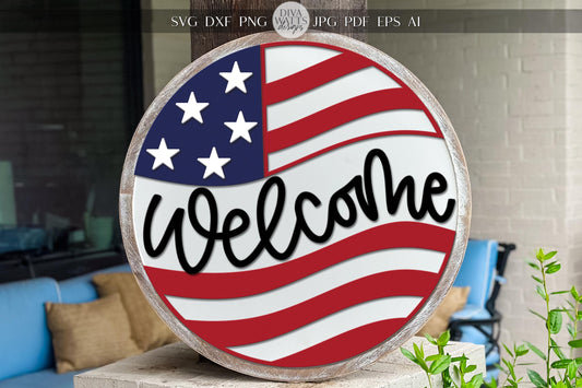 Laser Cut Door Hanger SVG | Patriotic Welcome Sign SVG File | Round Wood Sign Template | Glowforge xTool Compatible Cut File