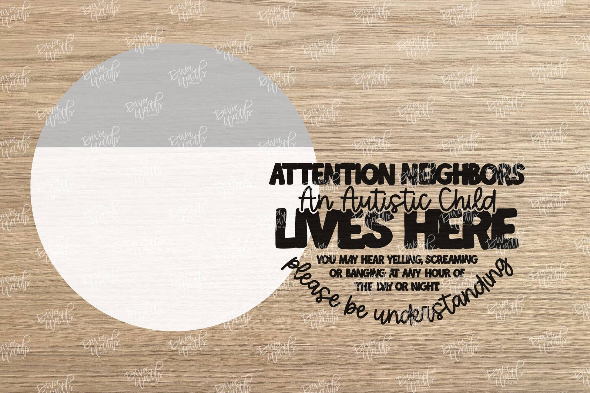 Laser Cut Door Hanger SVG | Autistic Child Lives Here Sign SVG | DIY Round Wood Sign File | xTool Glowforge Digital Cut Template