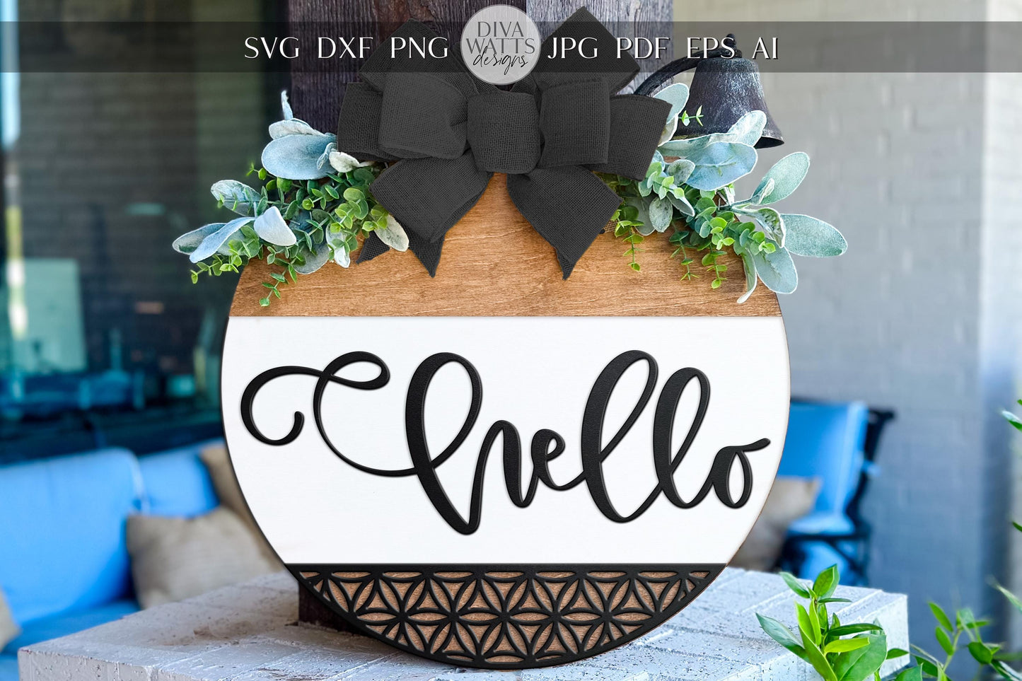 Laser Cut Door Hanger SVG | Hello Sign SVG File | DIY Round Wood Sign Template | Digital Cut File Glowforge xTool Compatible Decor