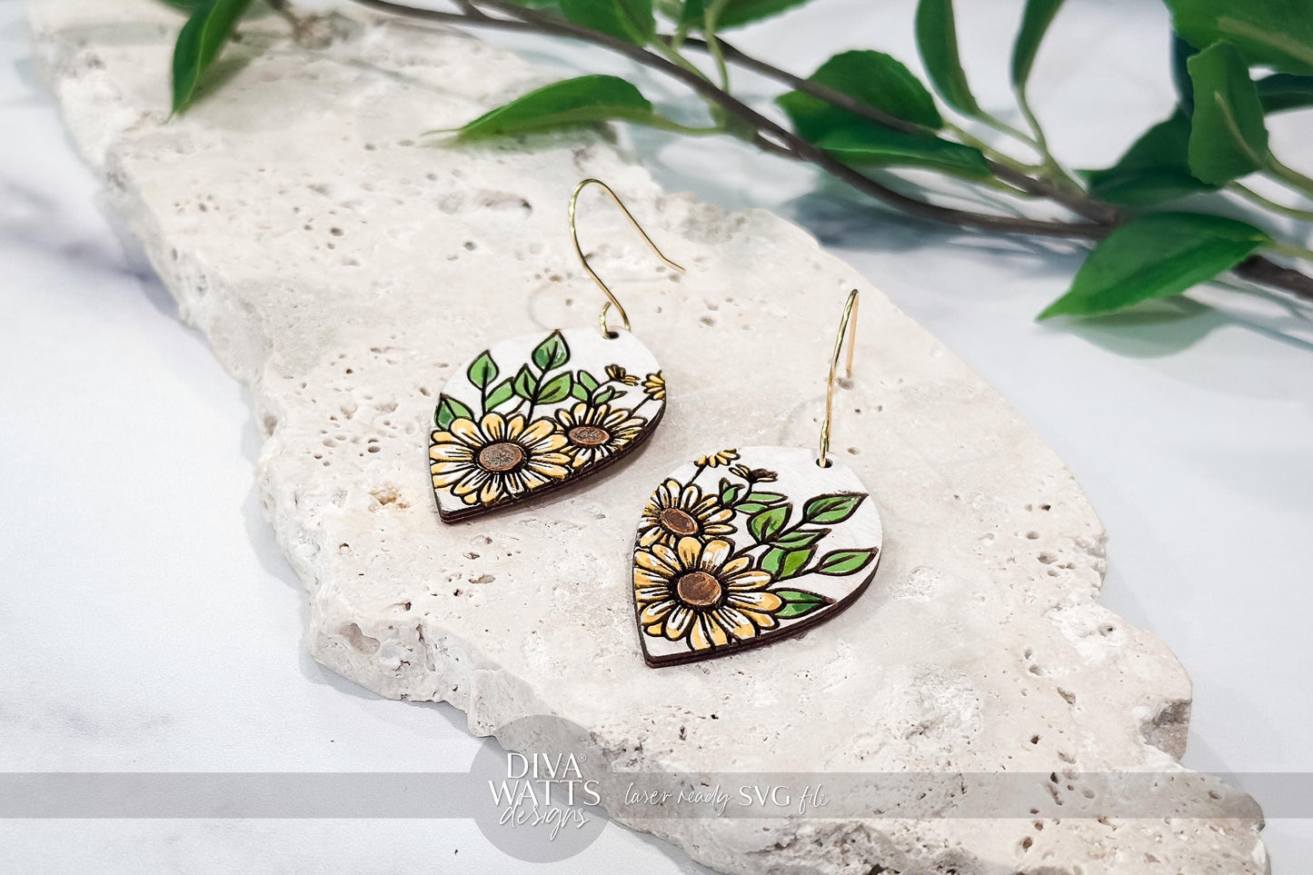 Laser Cut Earring SVG | Sunflower Engraved Teardrop Earrings File | DIY Jewelry for Glowforge xTool | Floral SVG Cut File