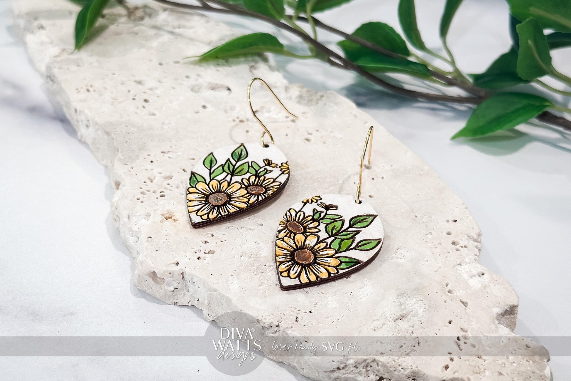 Laser Cut Earring SVG | Sunflower Engraved Teardrop Earrings File | DIY Jewelry for Glowforge xTool | Floral SVG Cut File