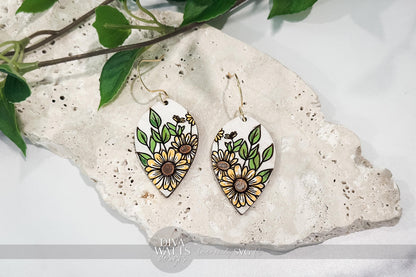 Laser Cut Earring SVG | Sunflower Engraved Teardrop Earrings File | DIY Jewelry for Glowforge xTool | Floral SVG Cut File
