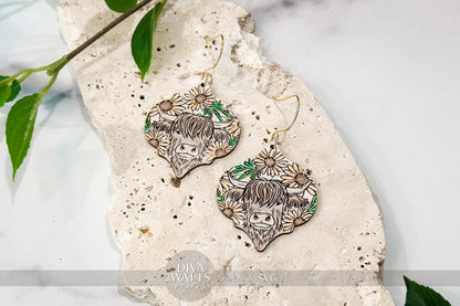 Highland Cow Earring SVG | Engraved Farm Animal Earrings | Floral Cow Laser Cut File for Glowforge xTool | Farmhouse Jewelry SVG