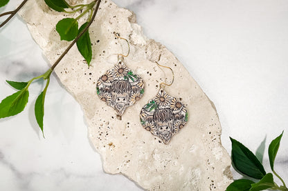 Highland Cow Earring SVG | Engraved Farm Animal Earrings | Floral Cow Laser Cut File for Glowforge xTool | Farmhouse Jewelry SVG