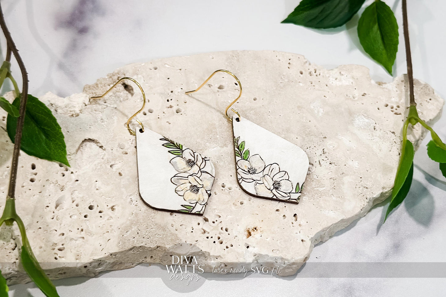 Magnolia Earring SVG | Engraved Floral Drop Earrings Cut File | Laser Jewelry SVG for Glowforge xTool | Elegant DIY svg Design